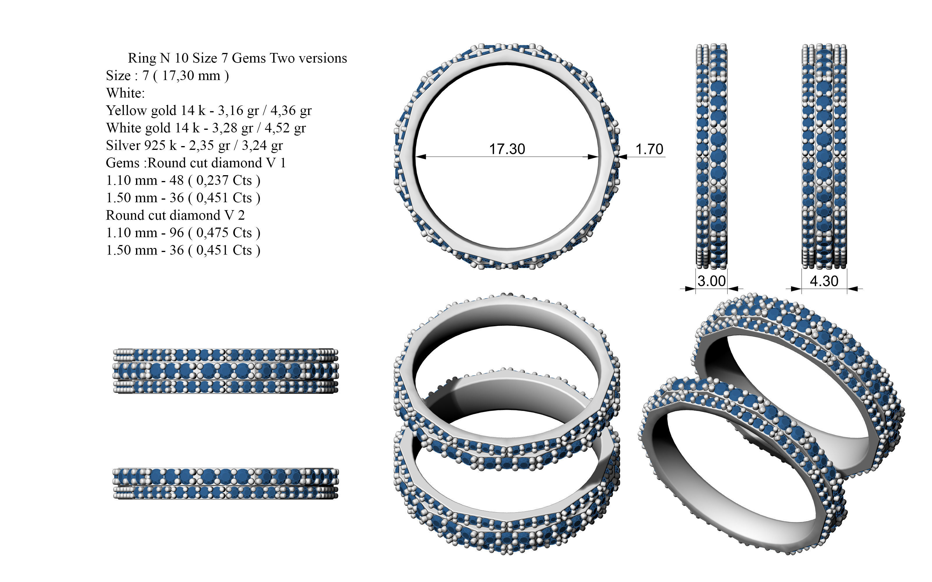 Ring N 10 Size 7 Gems and Solid Two versions 3D print model_2