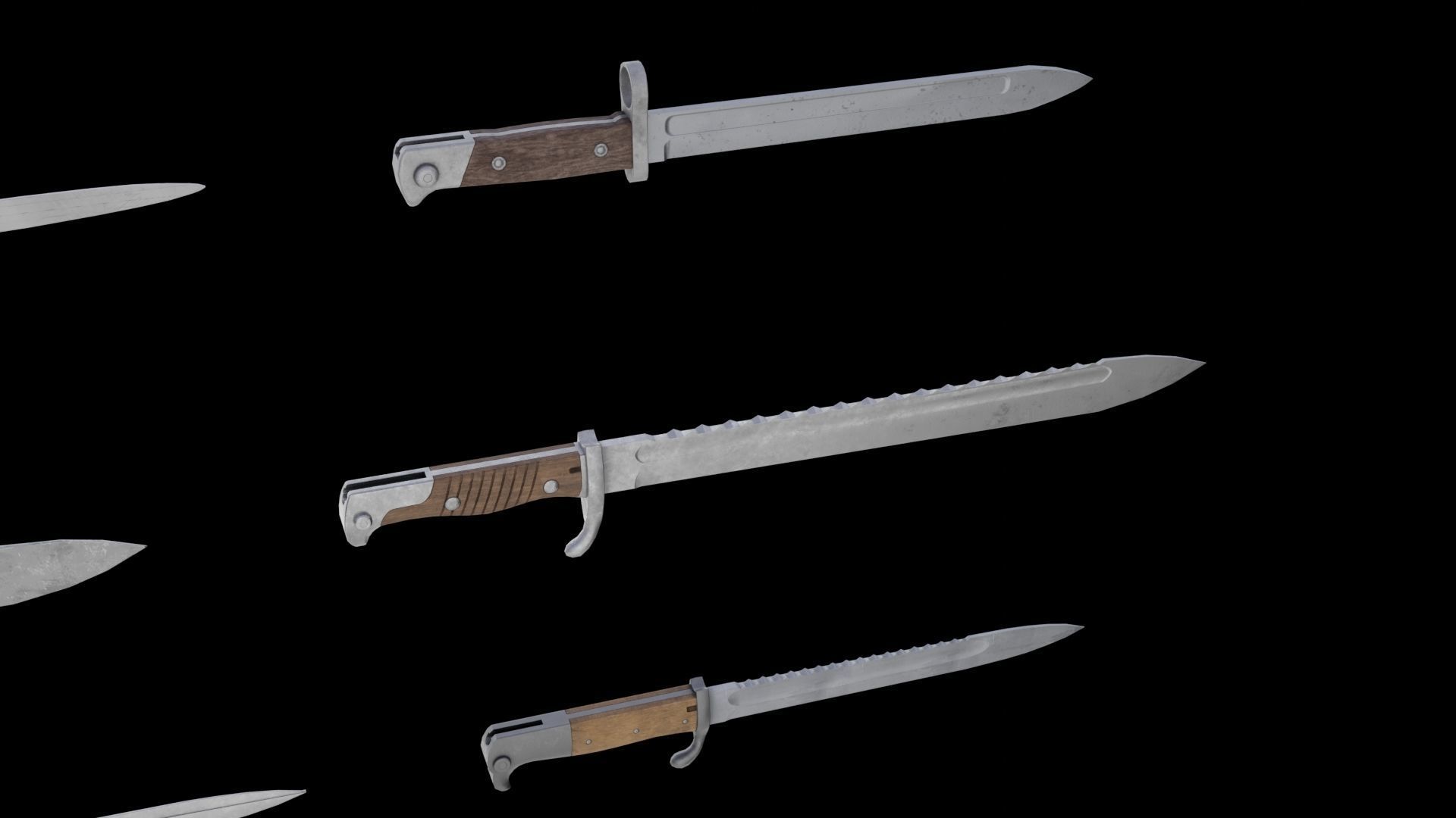 Set of 10 low-poly old german bayonets Low-poly 3D model_7