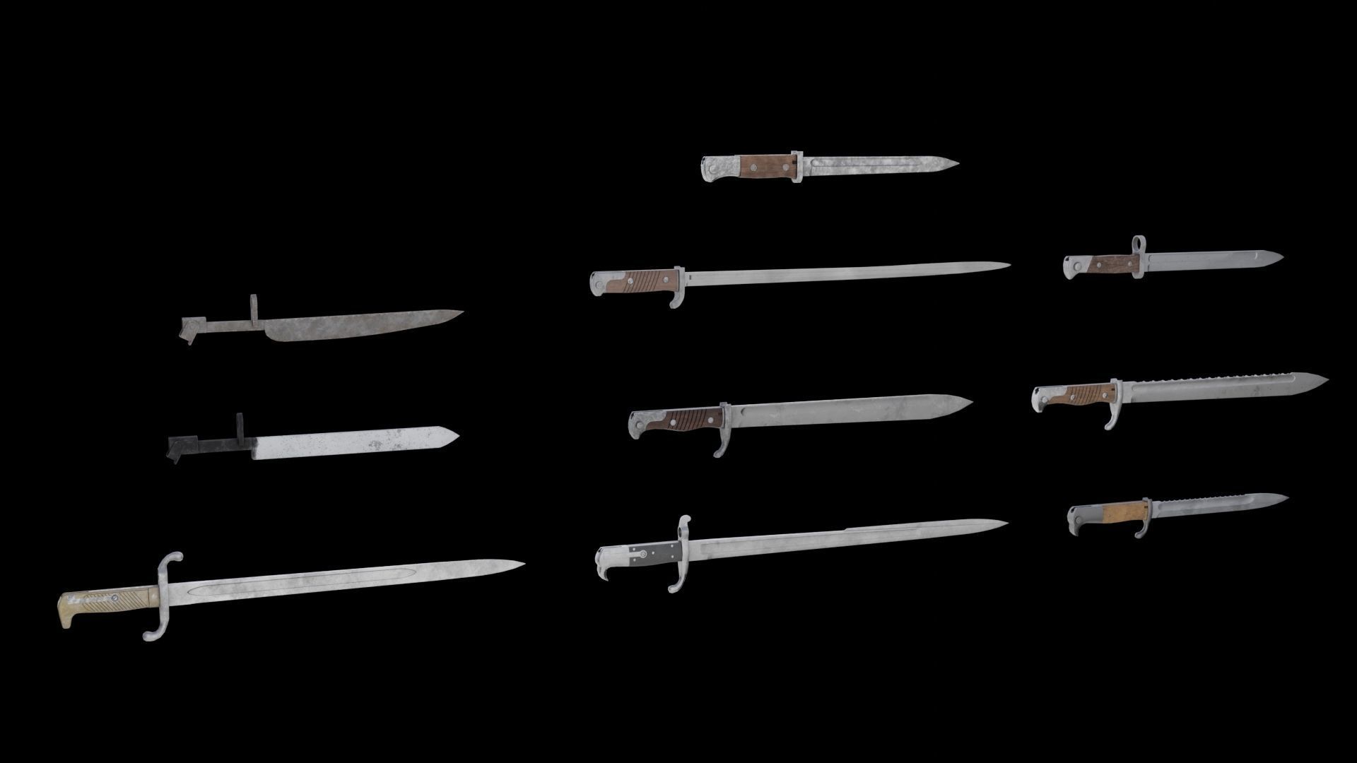 Set of 10 low-poly old german bayonets Low-poly 3D model_1