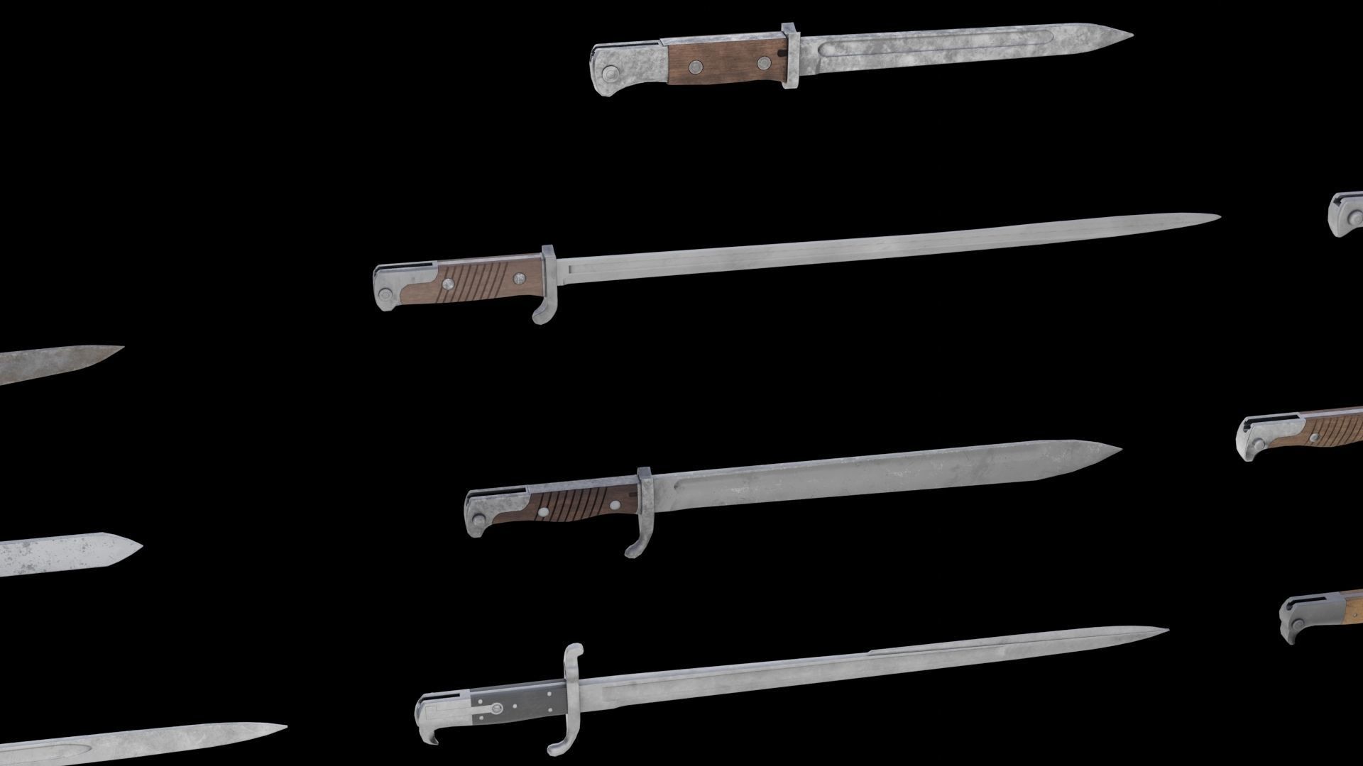 Set of 10 low-poly old german bayonets Low-poly 3D model_6
