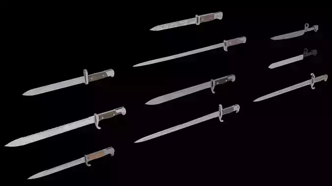 Set of 10 low-poly old german bayonets