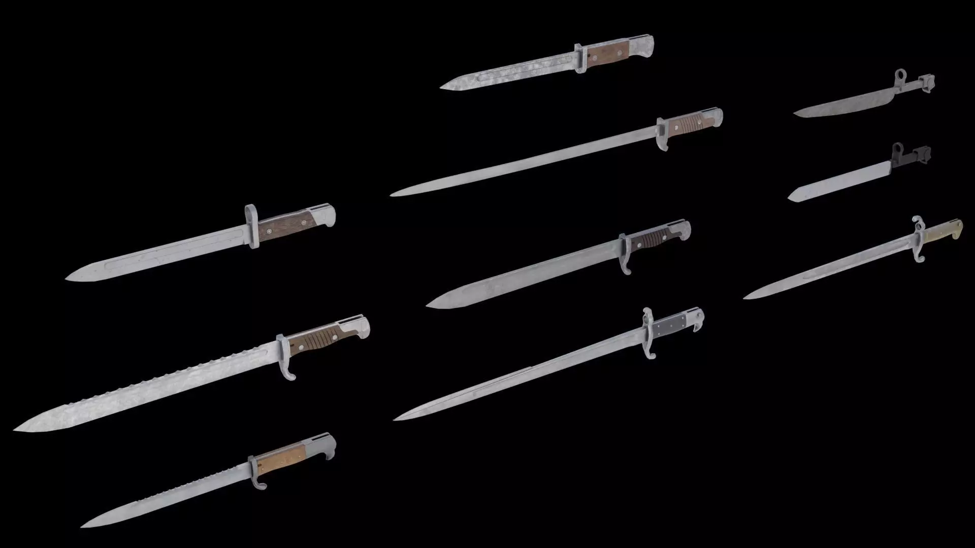 Set of 10 low-poly old german bayonets Low-poly 3D model_0