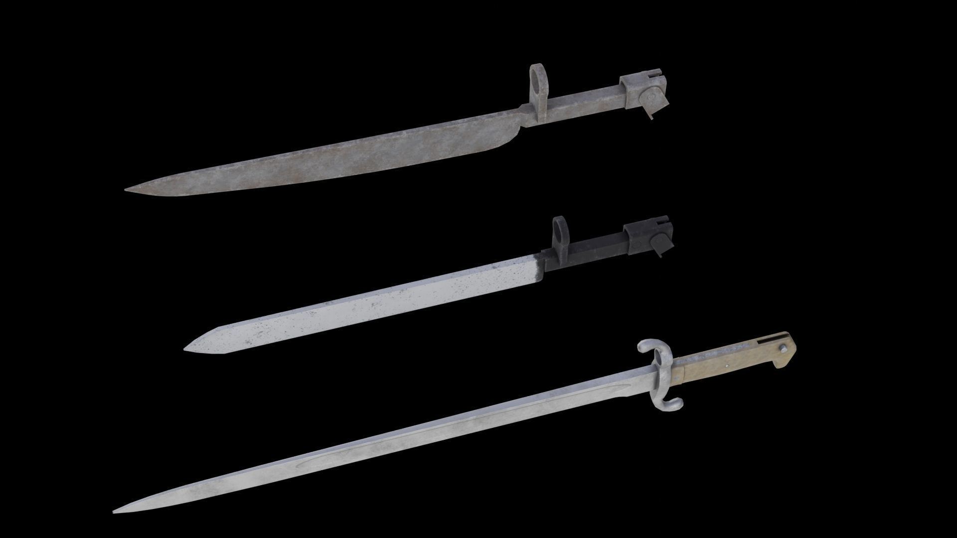 Set of 10 low-poly old german bayonets Low-poly 3D model_2