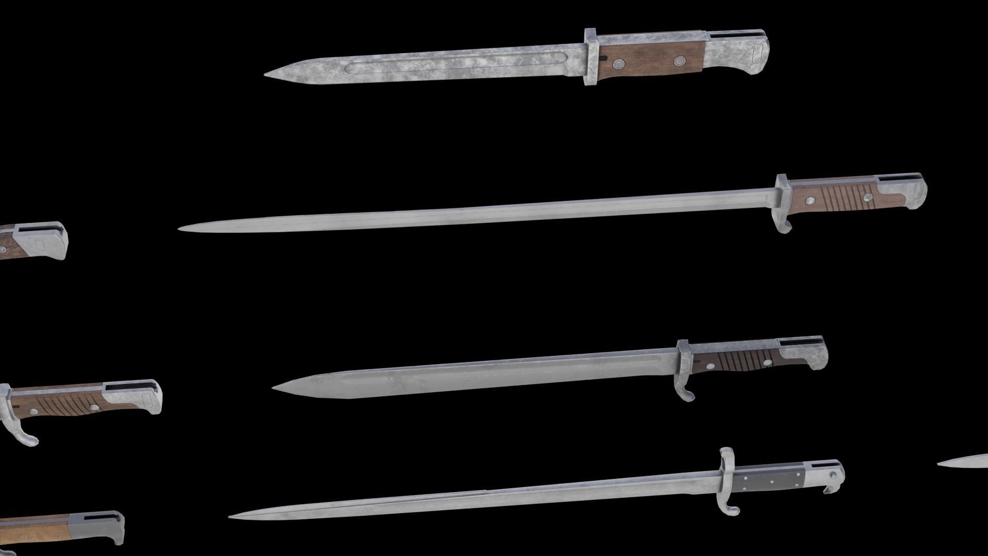 Set of 10 low-poly old german bayonets Low-poly 3D model_3