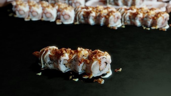 Real 3D scanned Crispy Sushi Roll with shrimp Low-poly 3D model 3