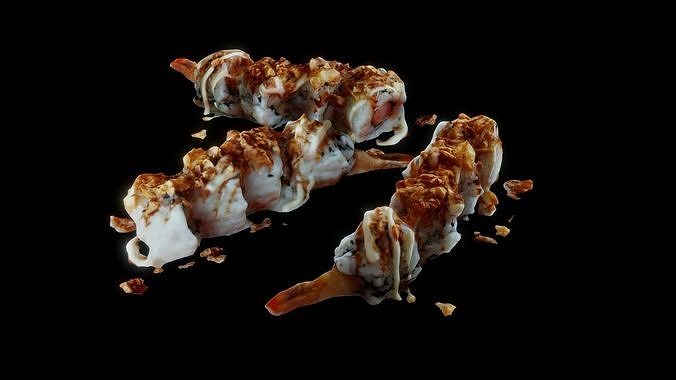 Real 3D scanned Crispy Sushi Roll with shrimp Low-poly 3D model 4