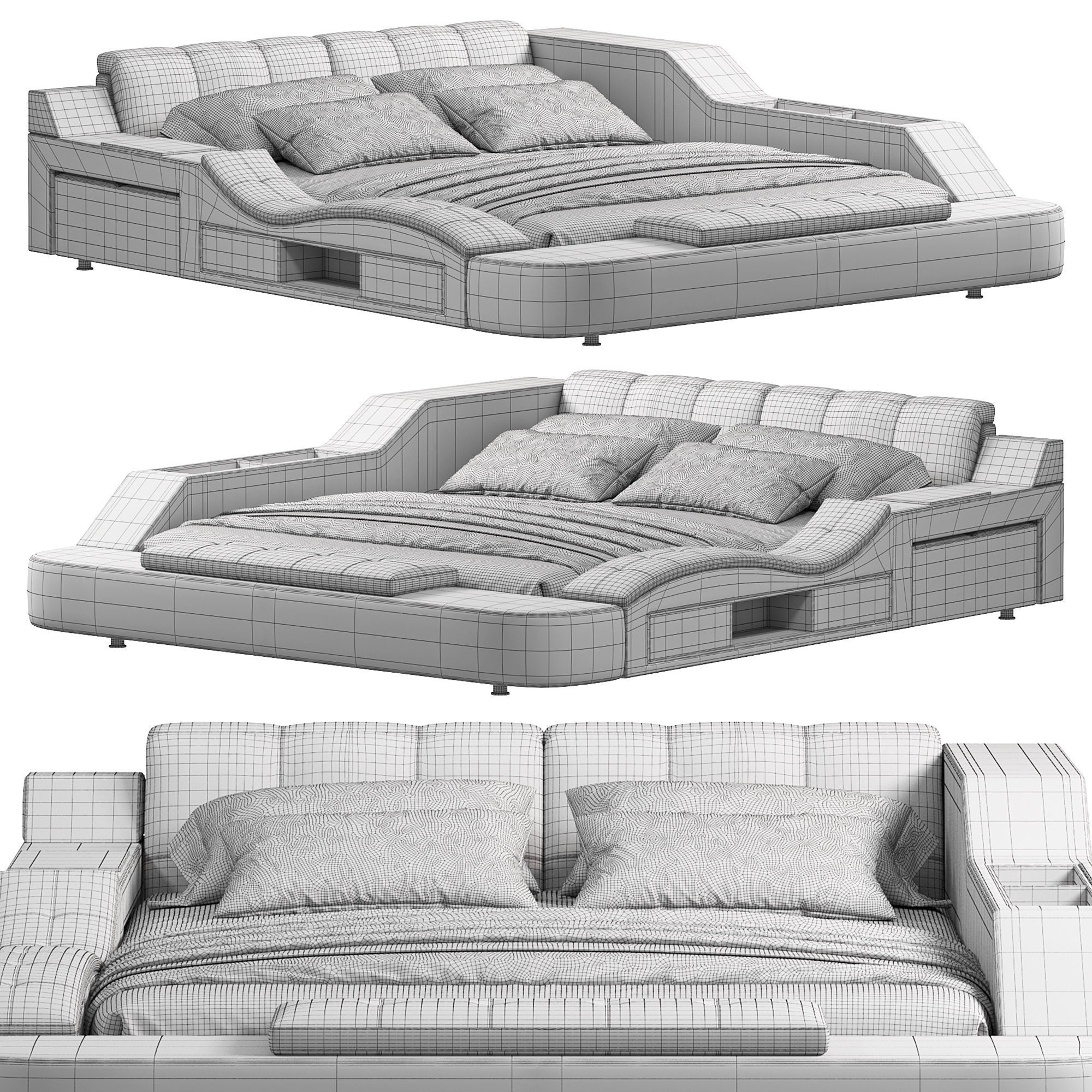 Black Smart Bed King Size Tufted Platform Bed 3D model_2