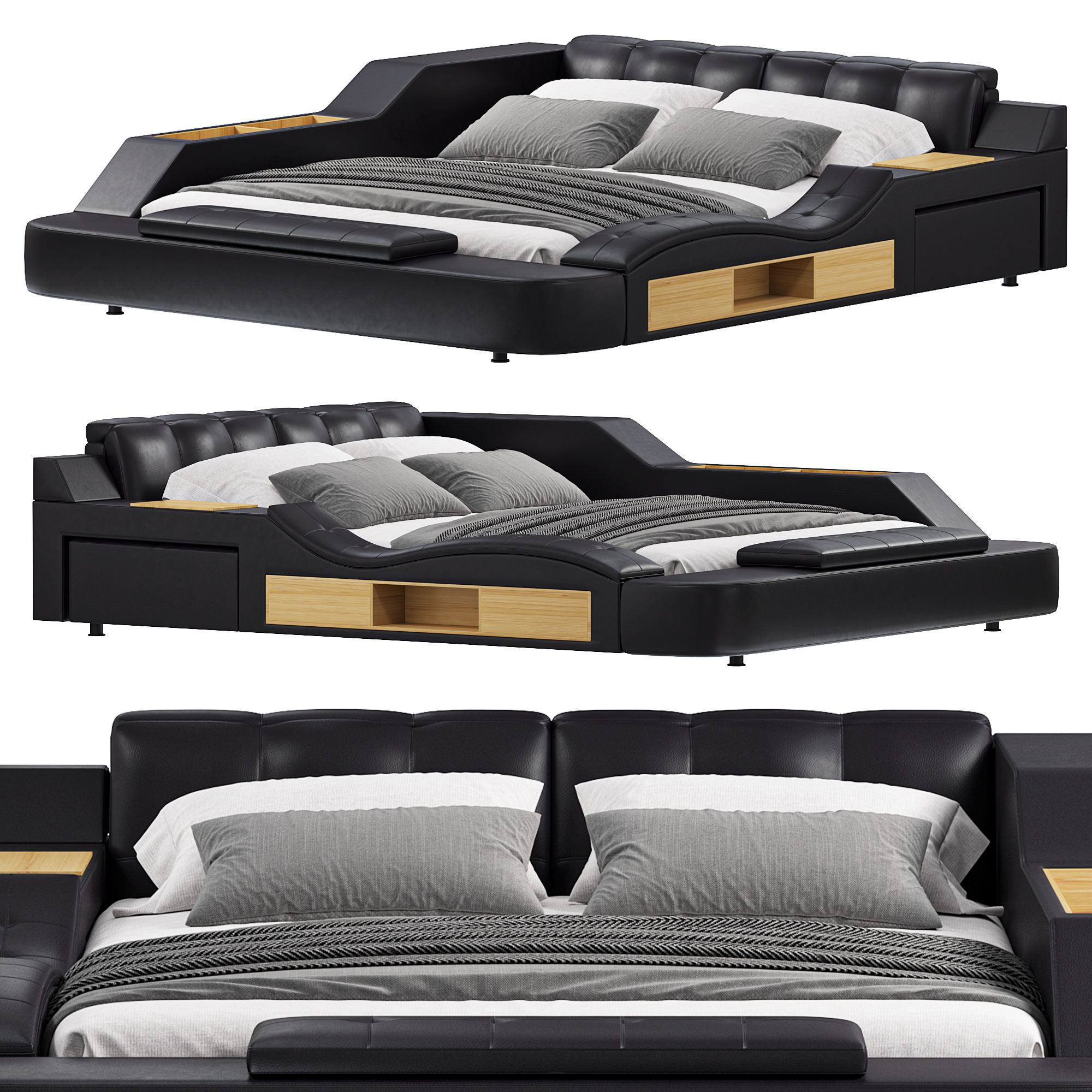 Black Smart Bed King Size Tufted Platform Bed 3D model_1