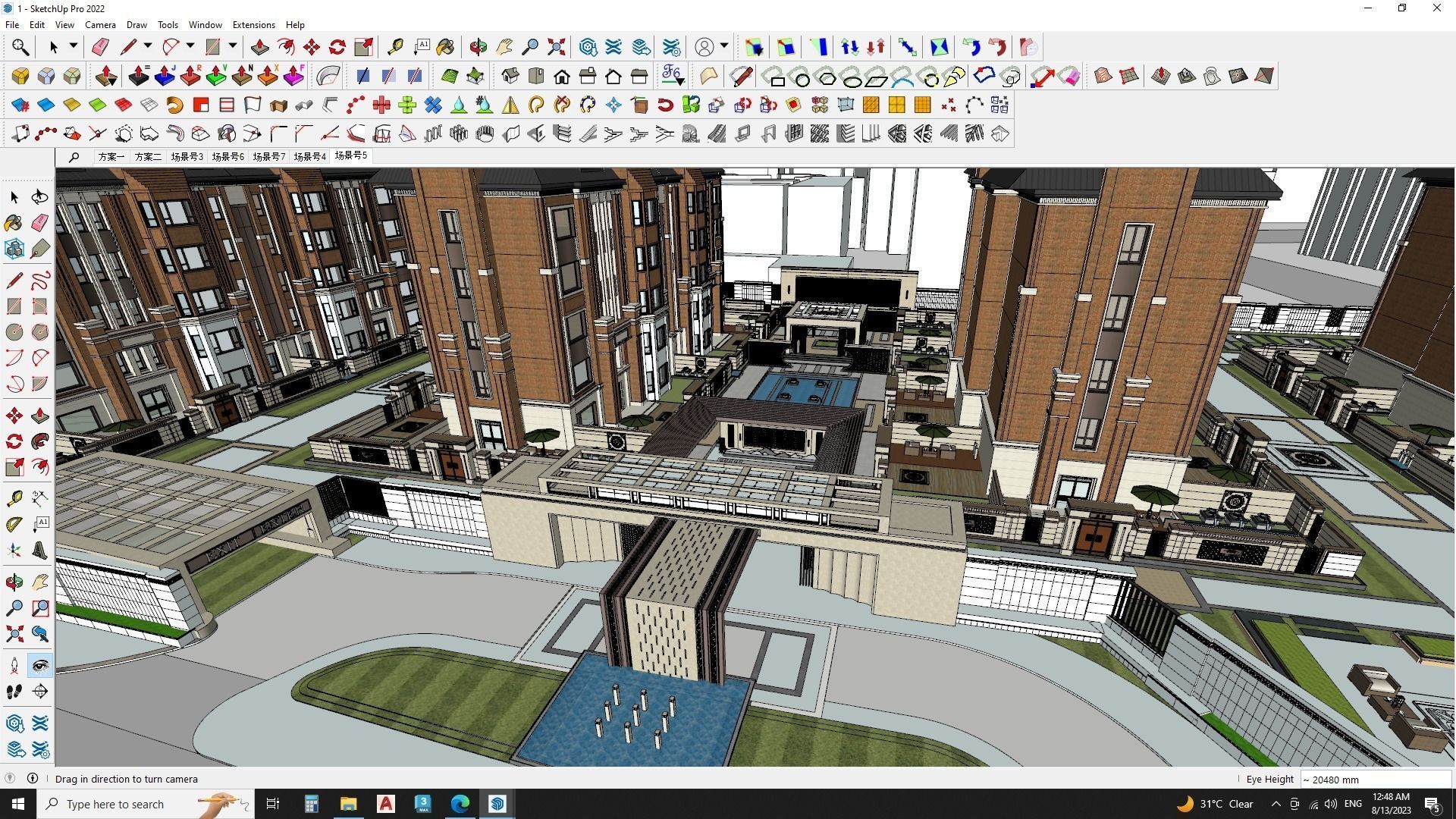 Highrise tower skyscraper with landscape Sketchup scene 3D model_1