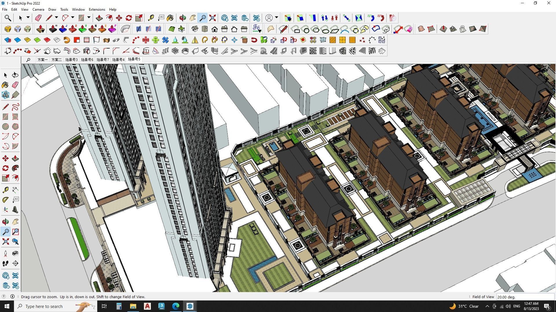 Highrise tower skyscraper with landscape Sketchup scene 3D model_11
