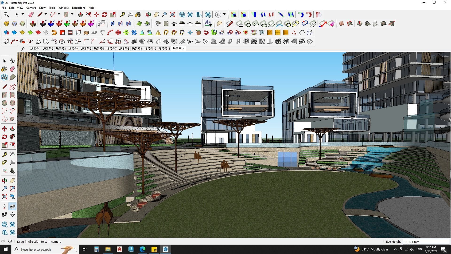  Hotel Building with Amphitheatre landscape 3D model_4