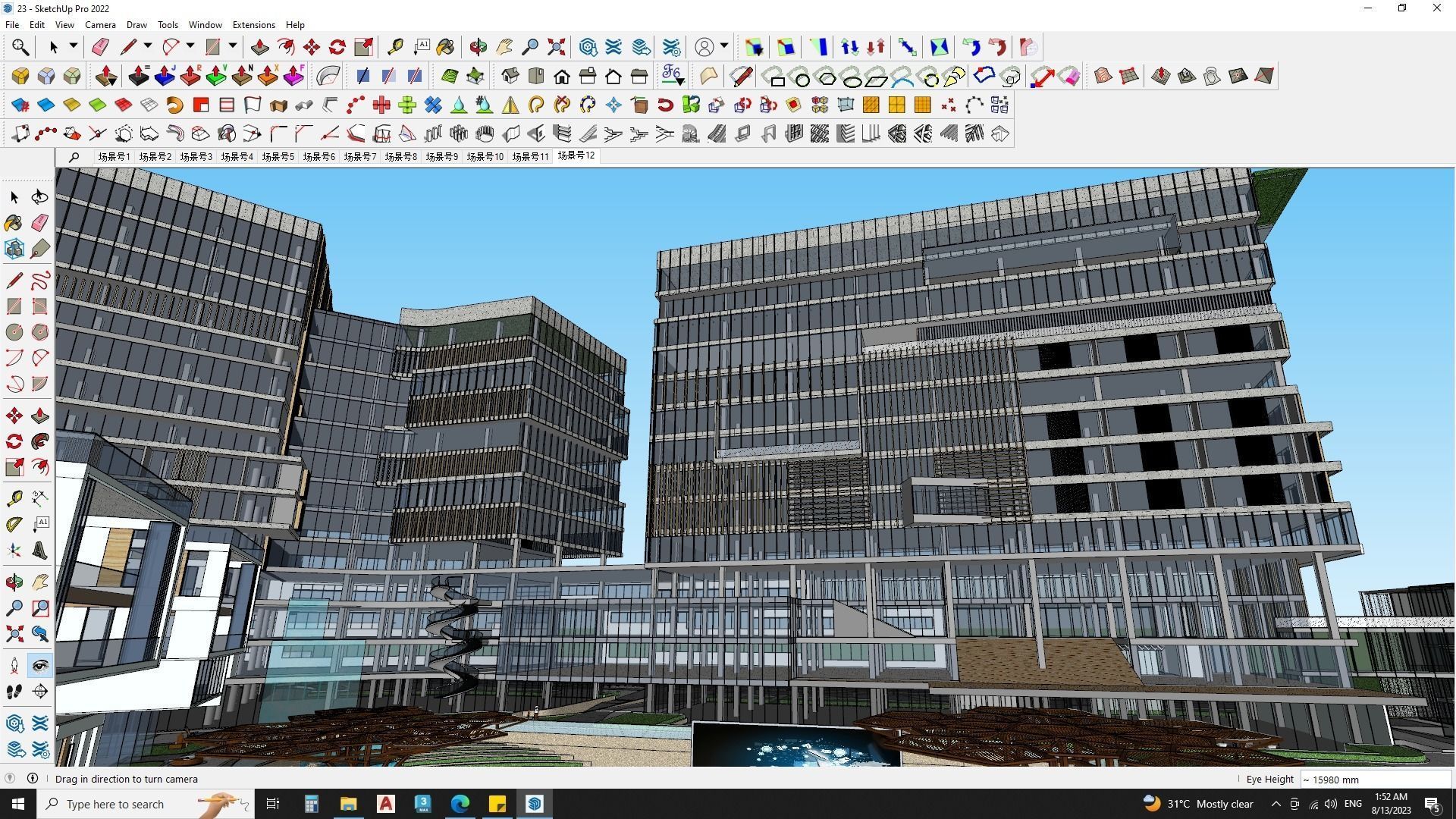  Hotel Building with Amphitheatre landscape 3D model_7