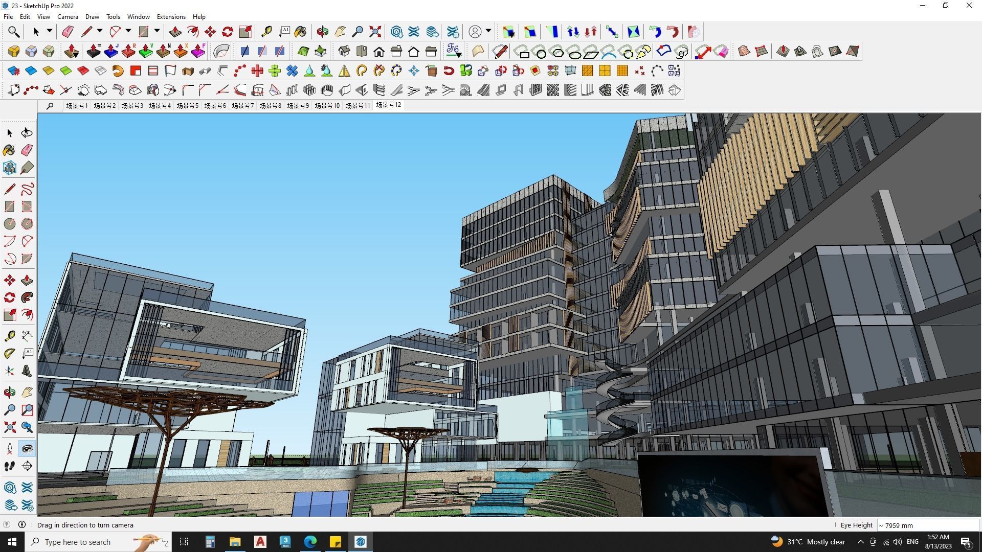  Hotel Building with Amphitheatre landscape 3D model_5