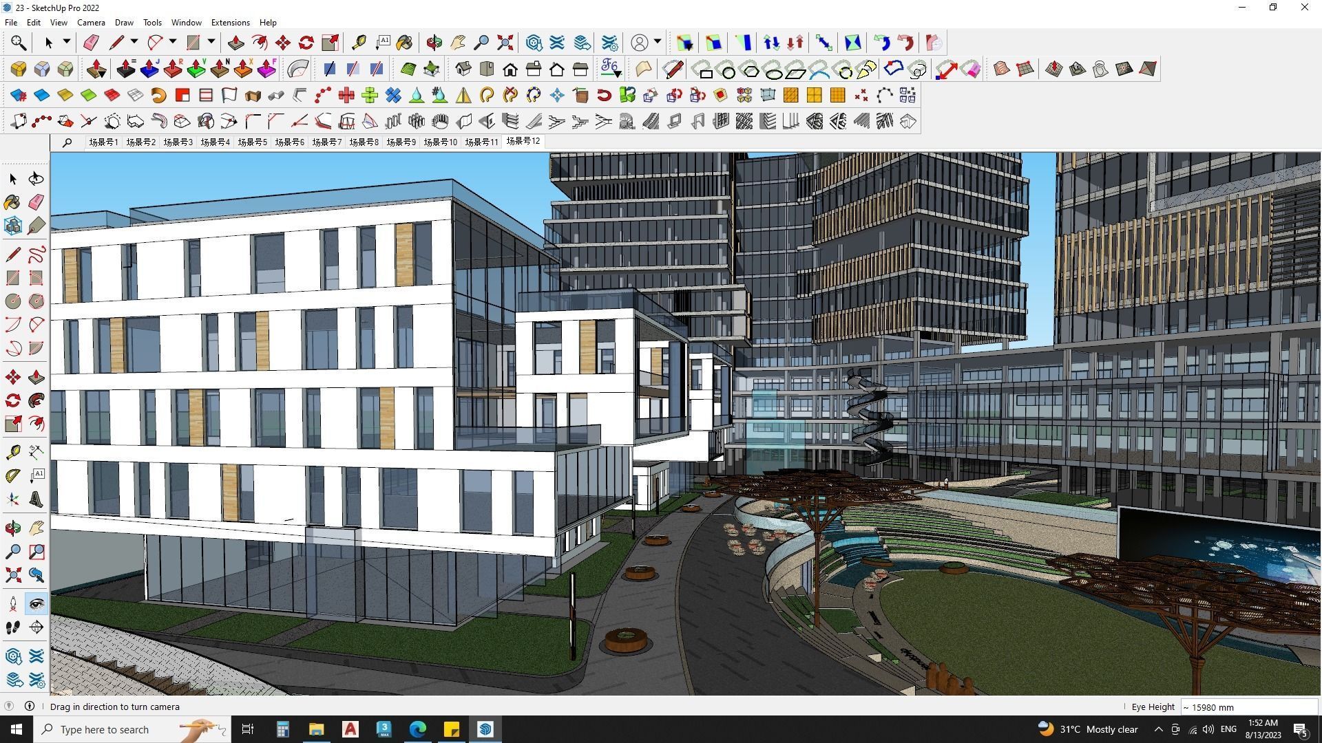  Hotel Building with Amphitheatre landscape 3D model_6