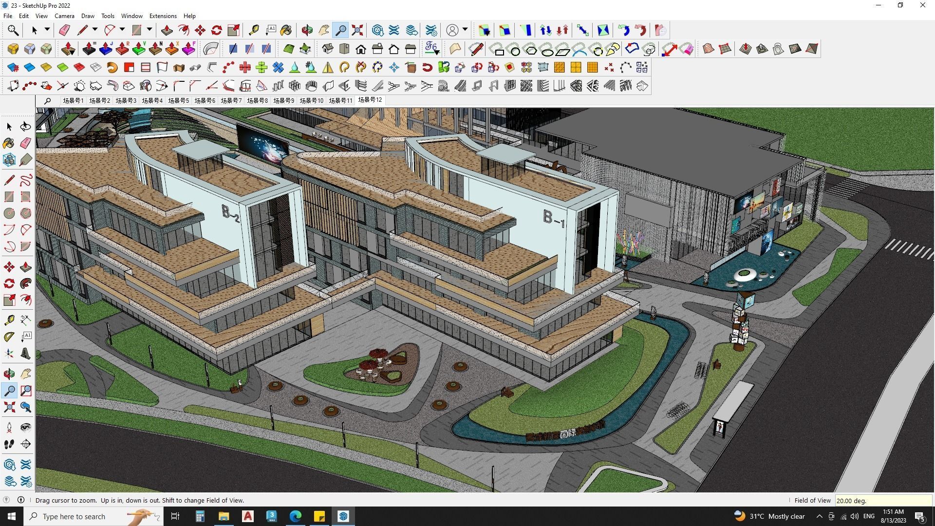  Hotel Building with Amphitheatre landscape 3D model_16