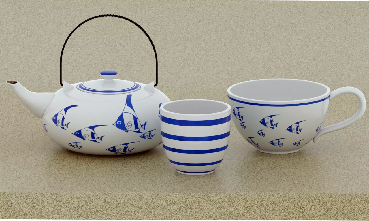 Chinese porcelain tea set with fish paints pattern 3D model