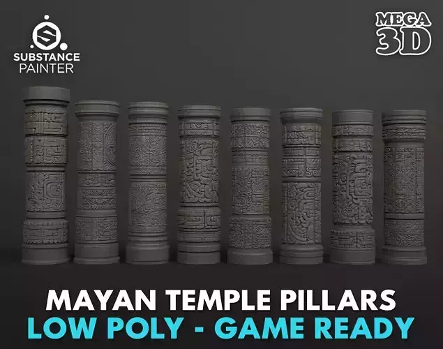Low poly Black Mayan Temple Pillars 230812 Low-poly 3D model
