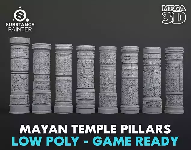 Low poly Gray Mayan Temple Pillars 230812 Low-poly 3D model