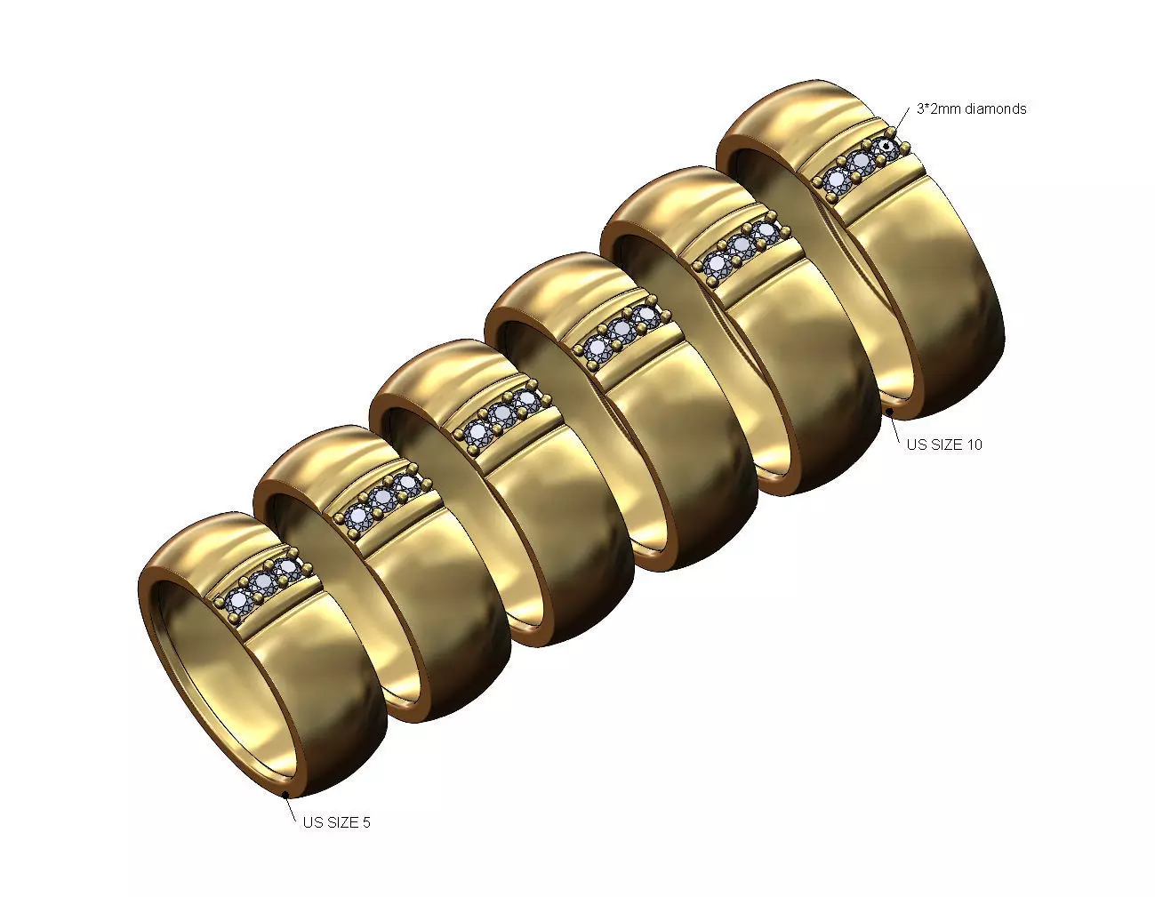 Ribbed diamond line dome cigar band US sizes 5to10 3D print model