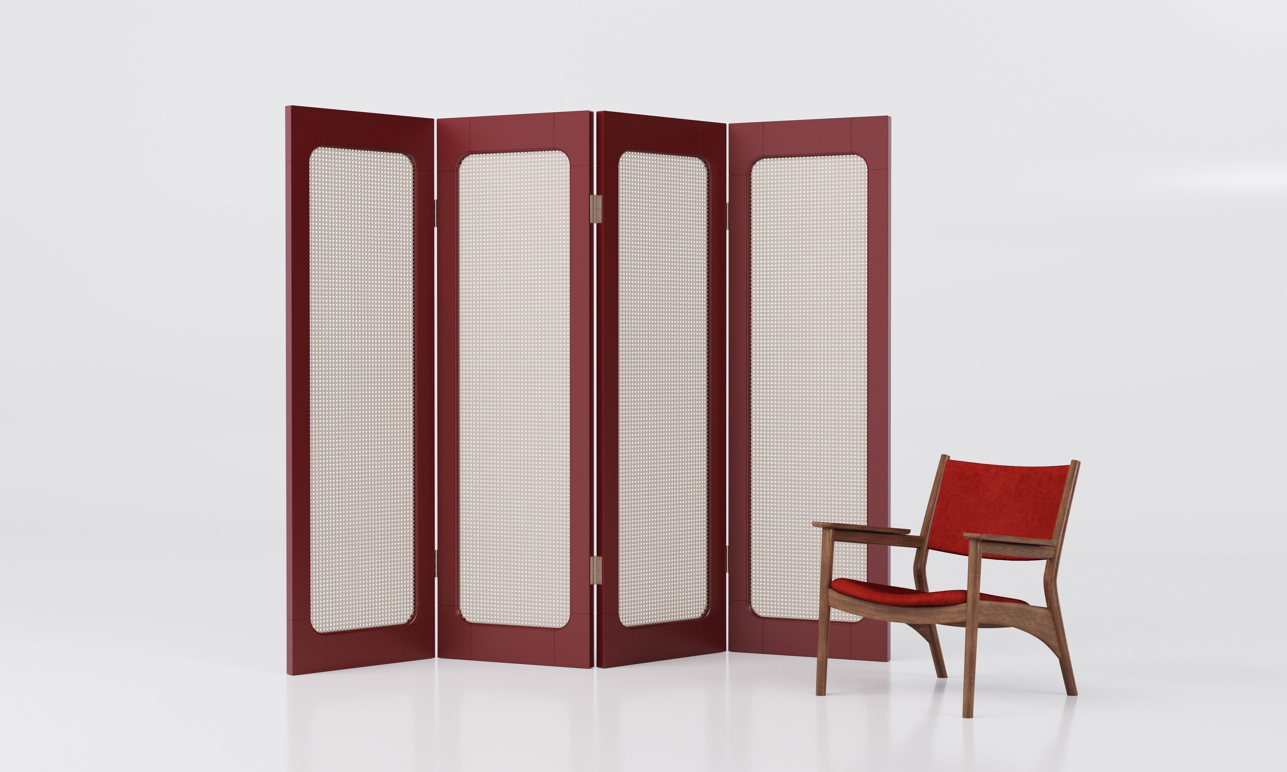 Solid Lacquered Wood and Rattan Room Divider 3D model_7