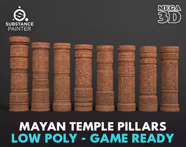 Low poly Yellow Mayan Temple Pillars 230812 Low-poly 3D model