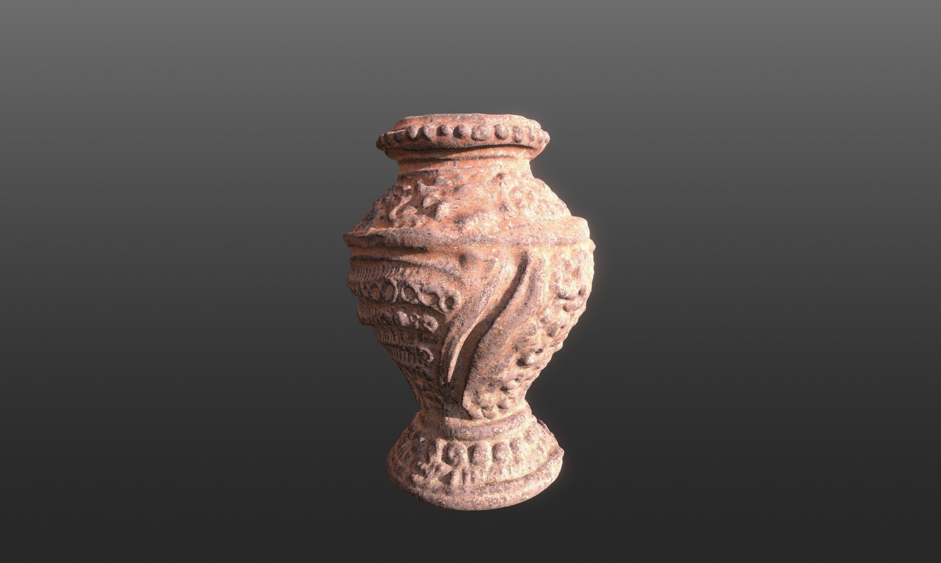 Antique Terracotta Pot with sculpted flowers mandala details 3D model_9