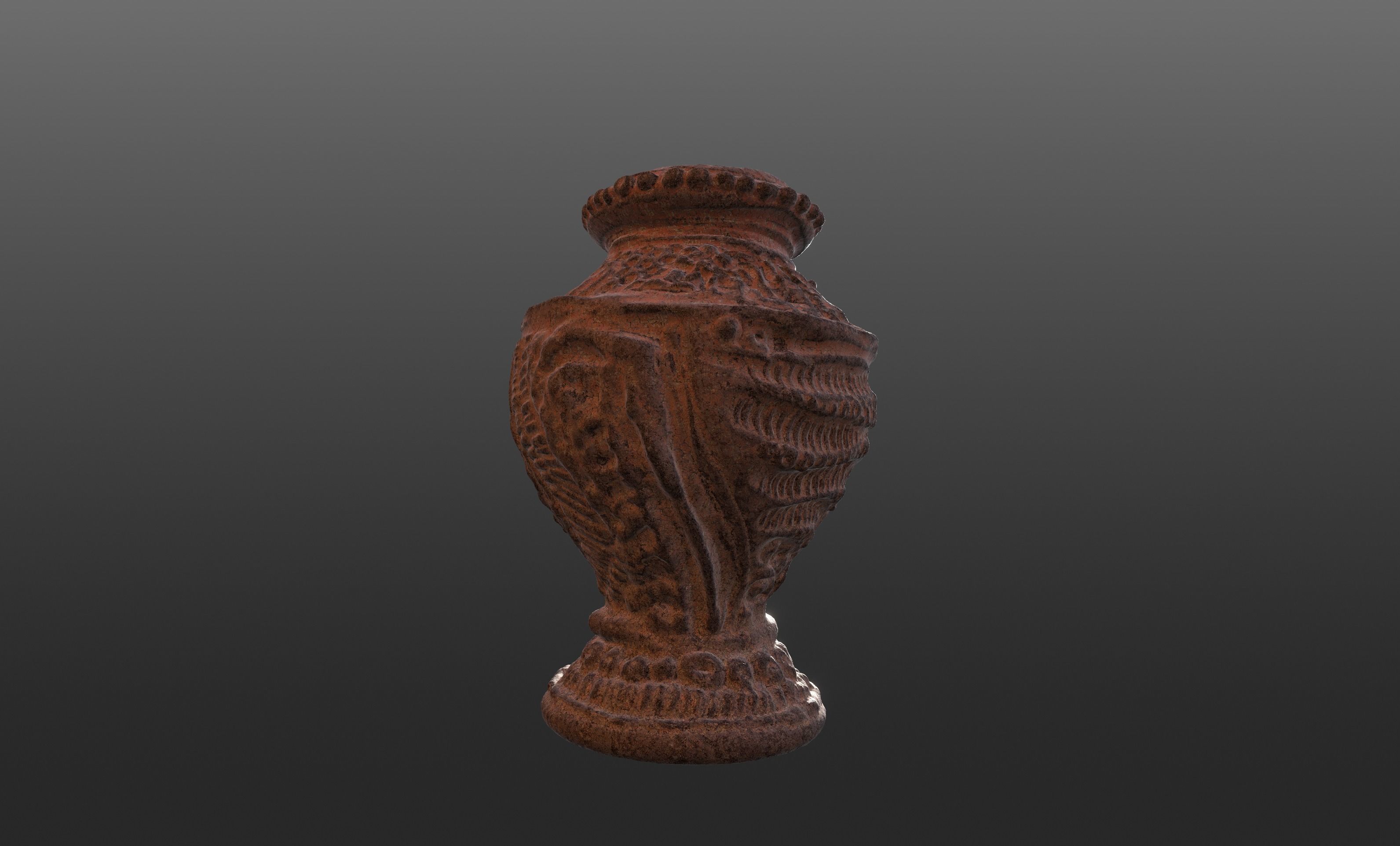 Antique Terracotta Pot with sculpted flowers mandala details 3D model_7