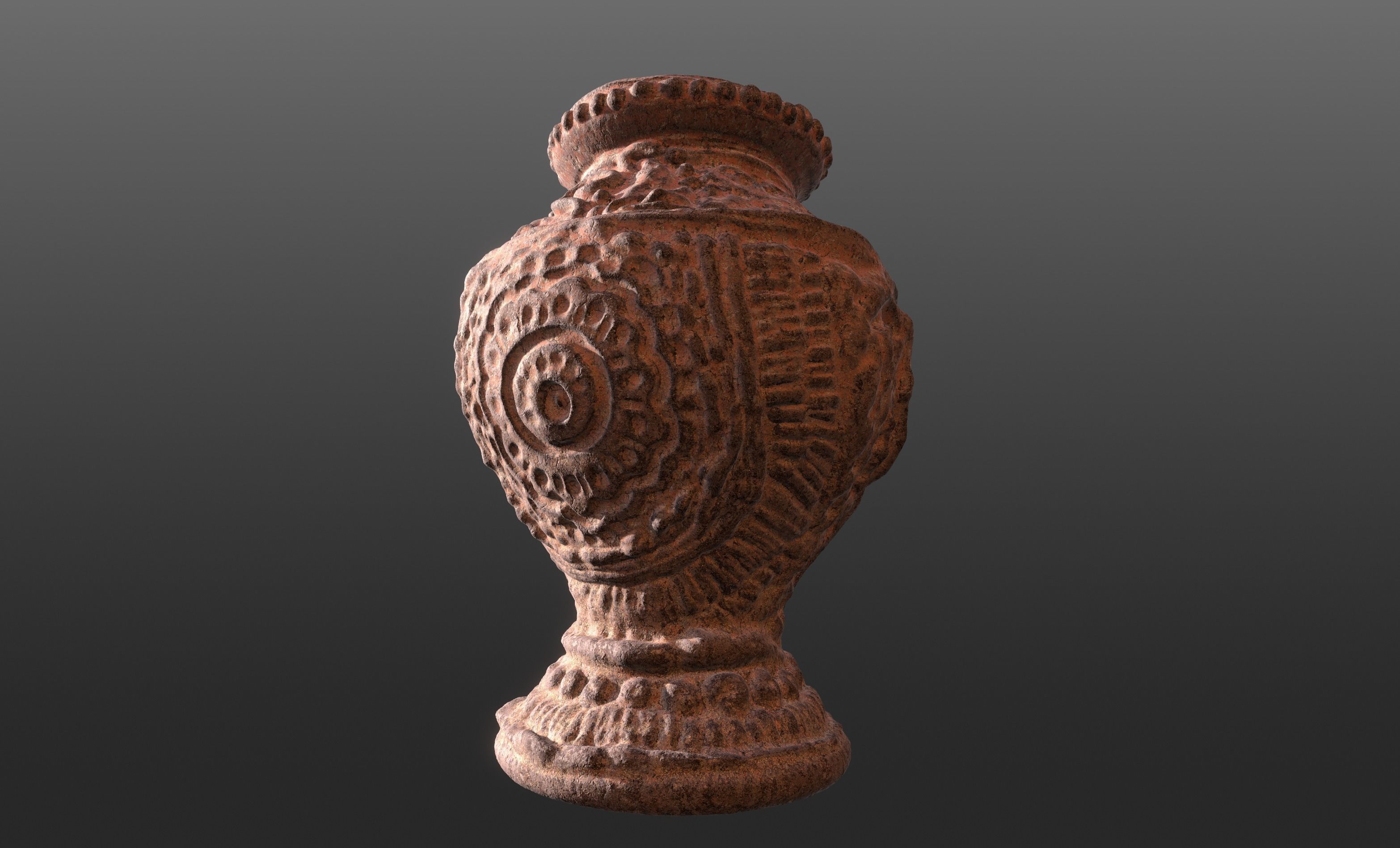 Antique Terracotta Pot with sculpted flowers mandala details 3D model_16