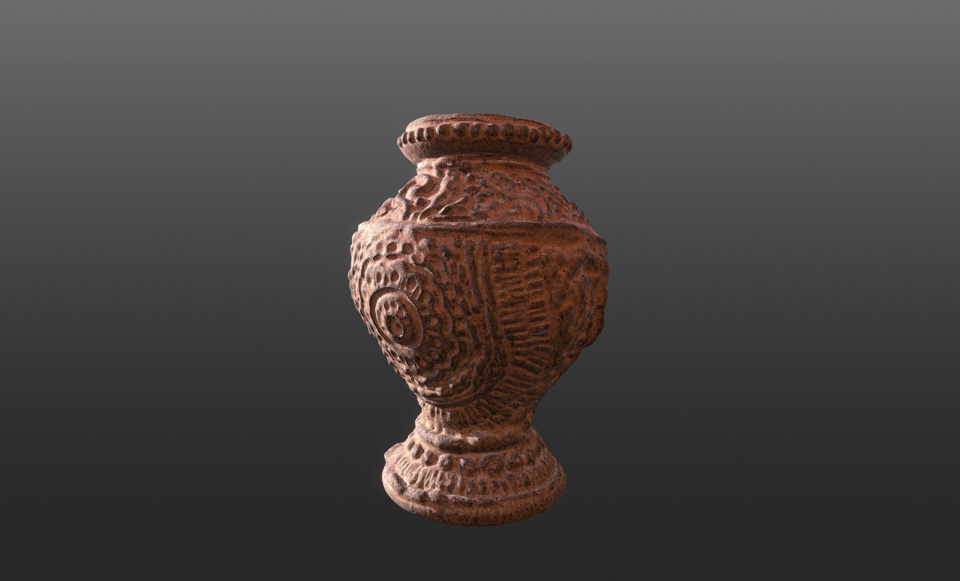 Antique Terracotta Pot with sculpted flowers mandala details 3D model_6