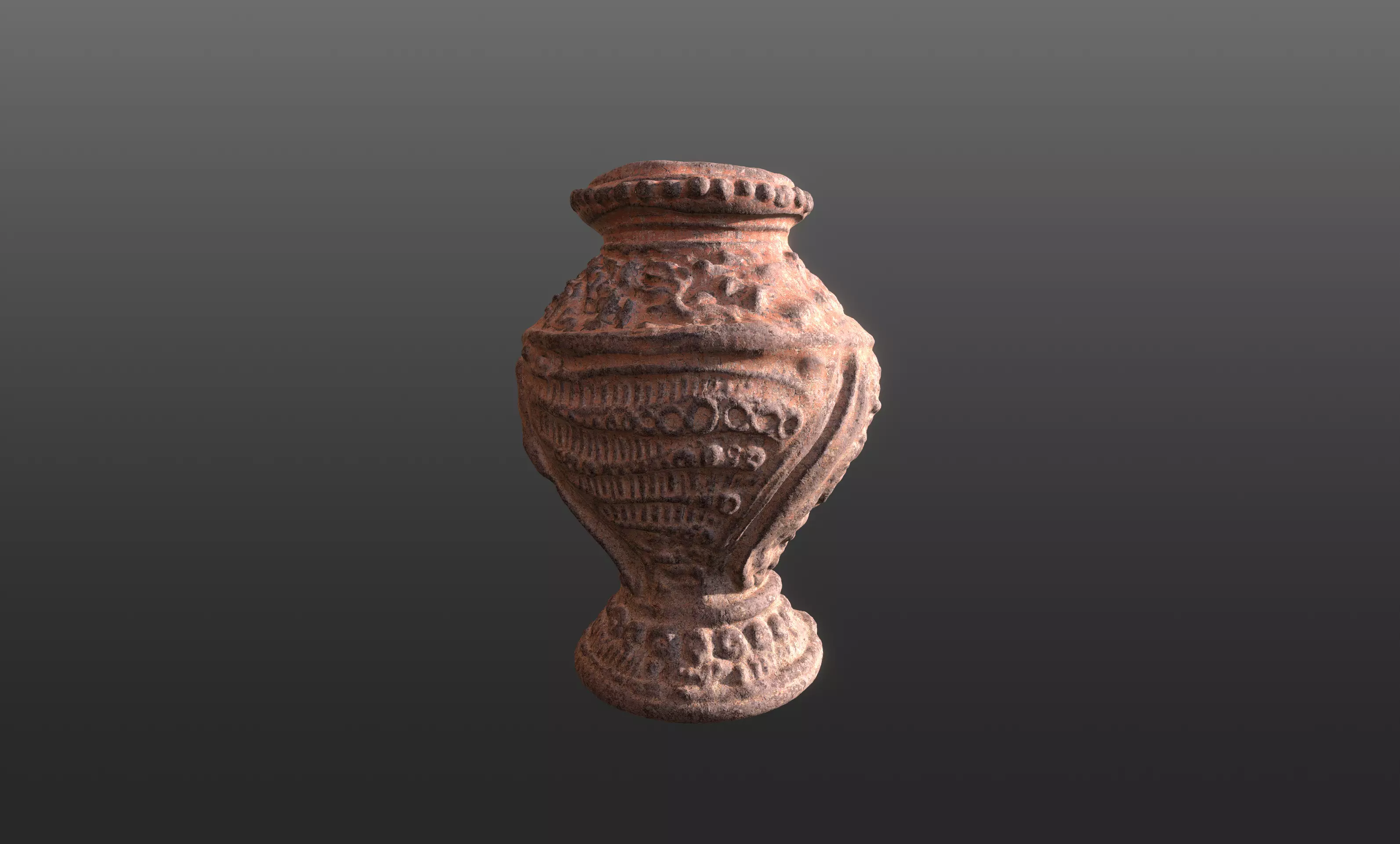 Antique Terracotta Pot with sculpted flowers mandala details 3D model_0