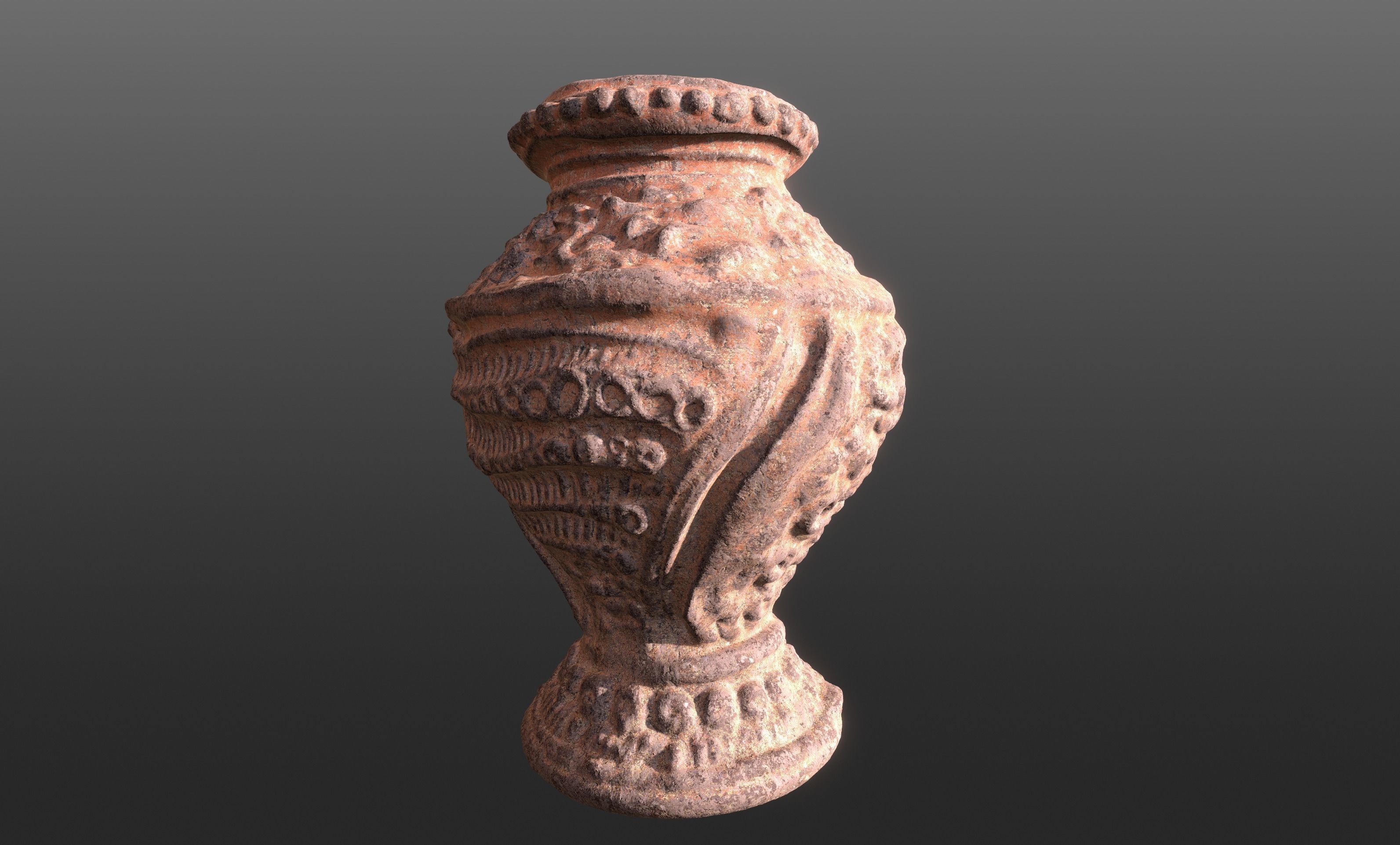 Antique Terracotta Pot with sculpted flowers mandala details 3D model_15