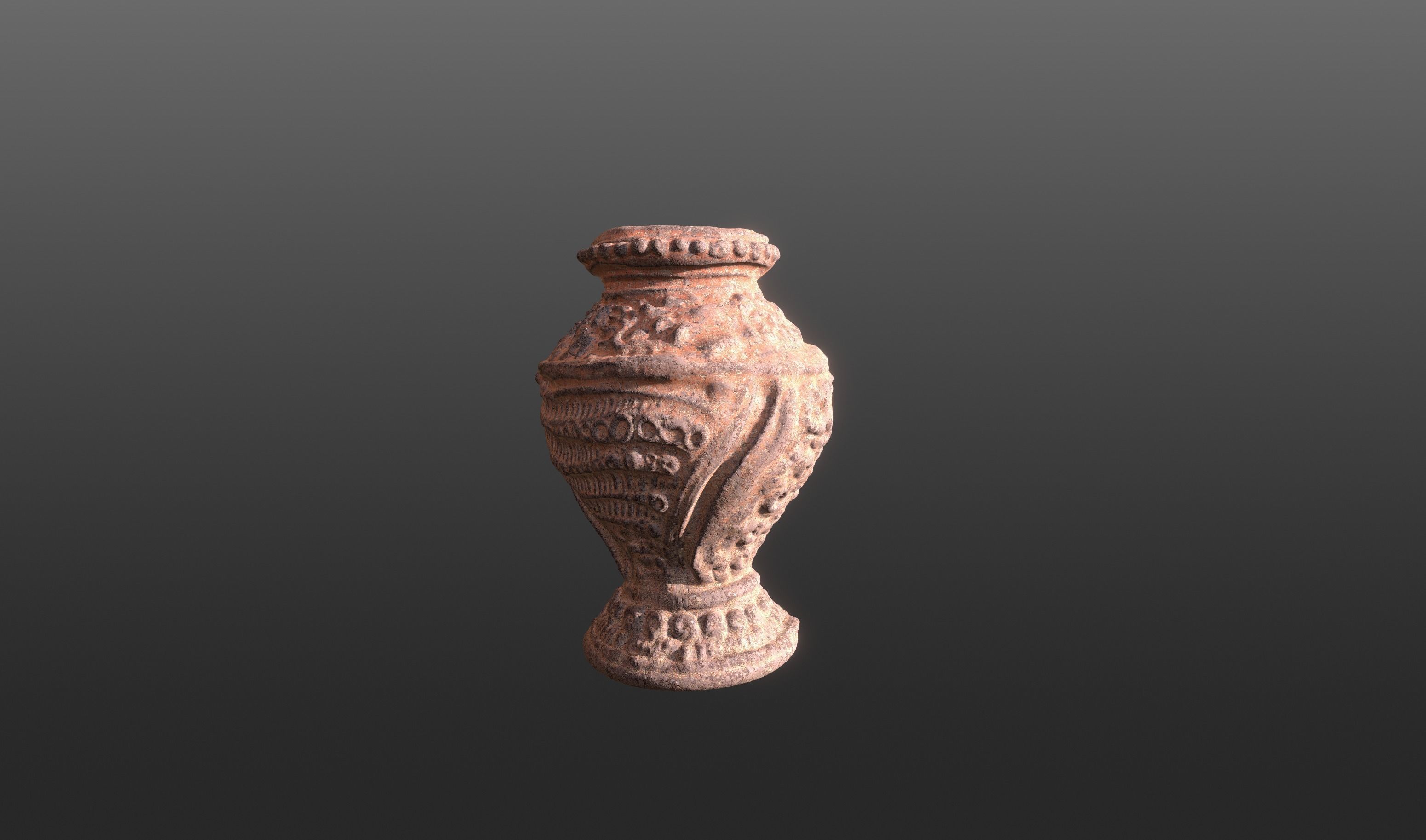 Antique Terracotta Pot with sculpted flowers mandala details 3D model_14
