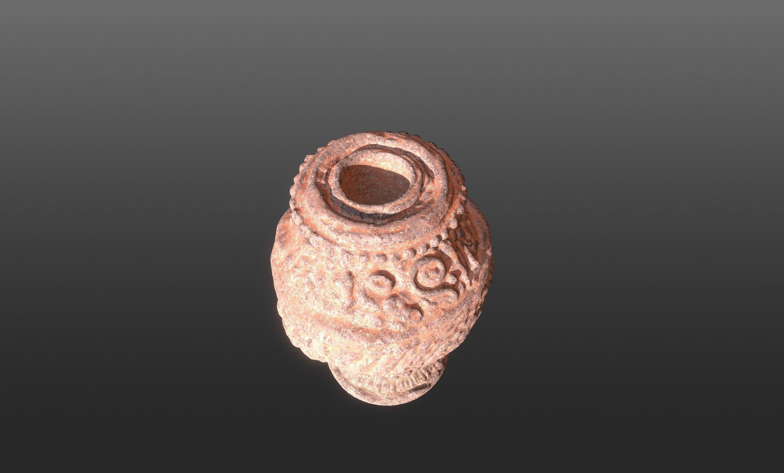 Antique Terracotta Pot with sculpted flowers mandala details 3D model_10