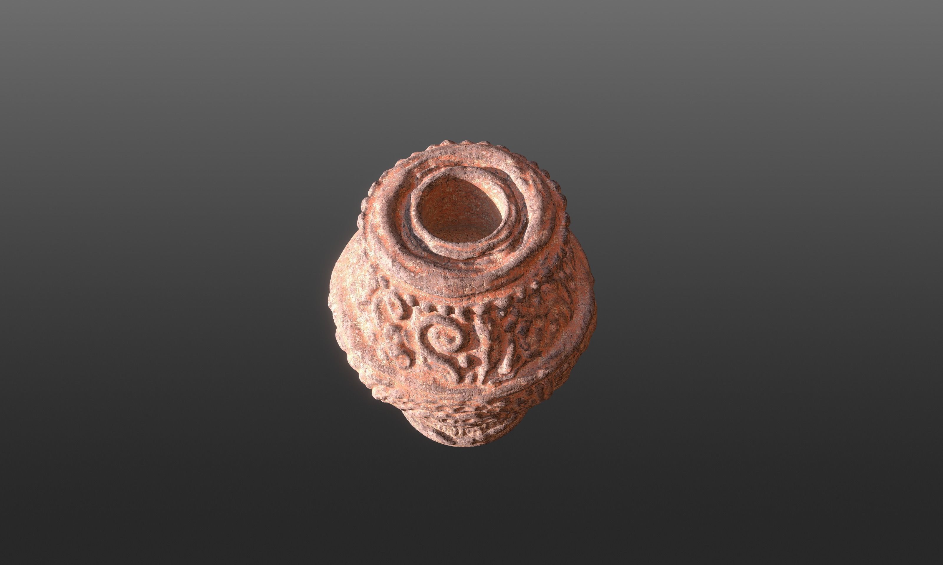 Antique Terracotta Pot with sculpted flowers mandala details 3D model_11