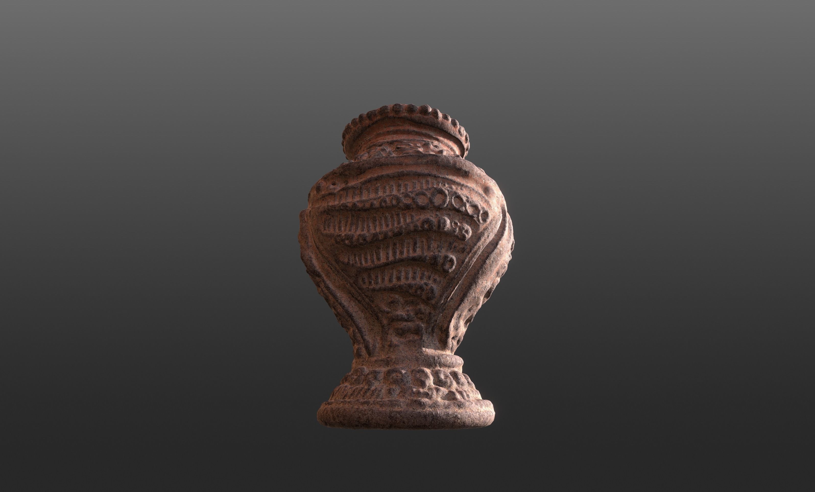 Antique Terracotta Pot with sculpted flowers mandala details 3D model_8