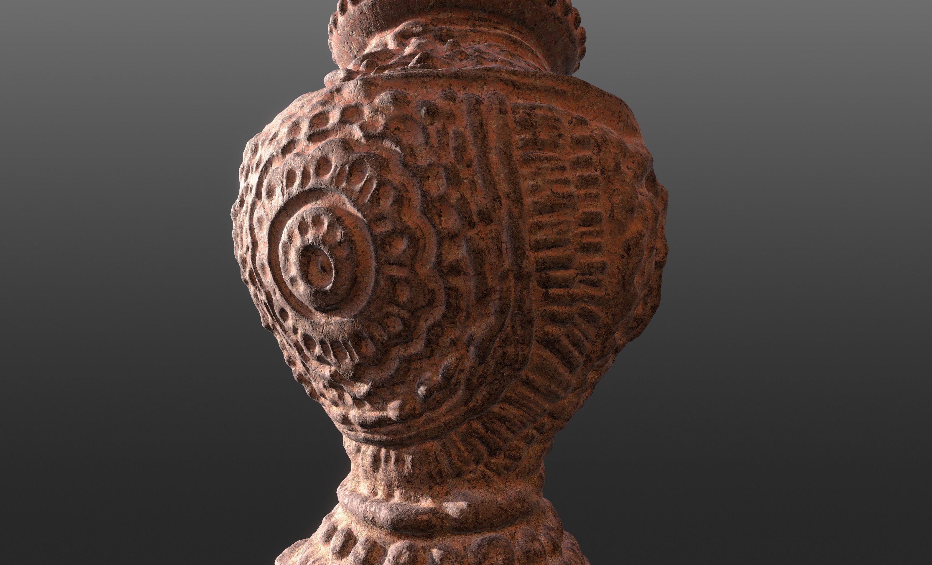 Antique Terracotta Pot with sculpted flowers mandala details 3D model_1