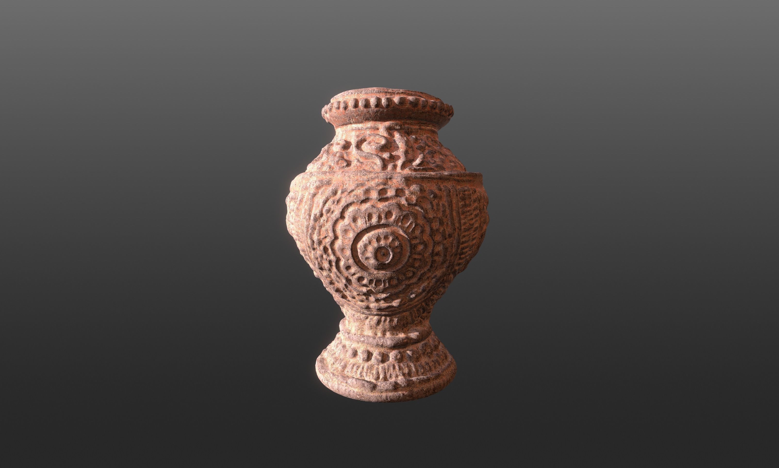 Antique Terracotta Pot with sculpted flowers mandala details 3D model_3