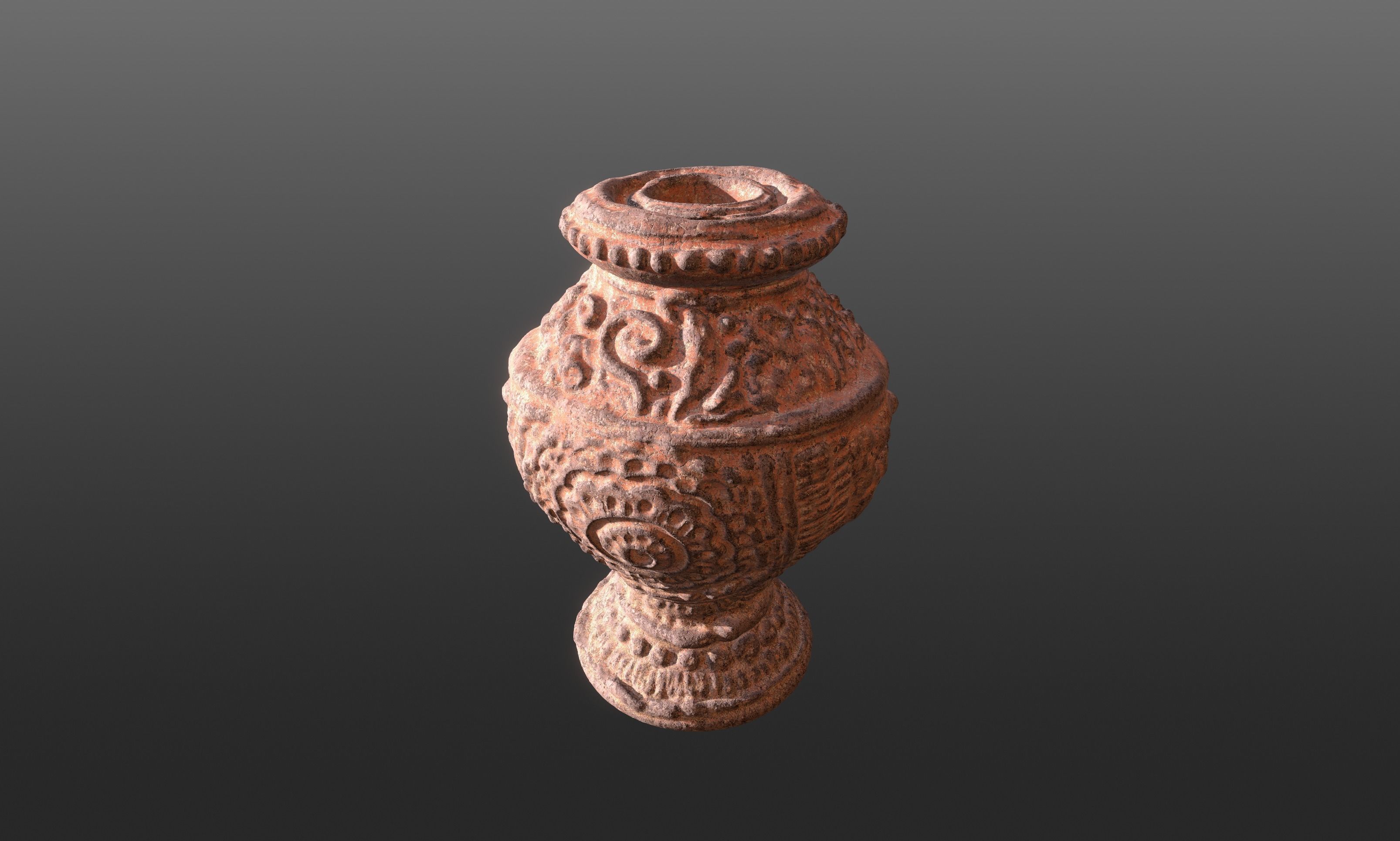 Antique Terracotta Pot with sculpted flowers mandala details 3D model_5