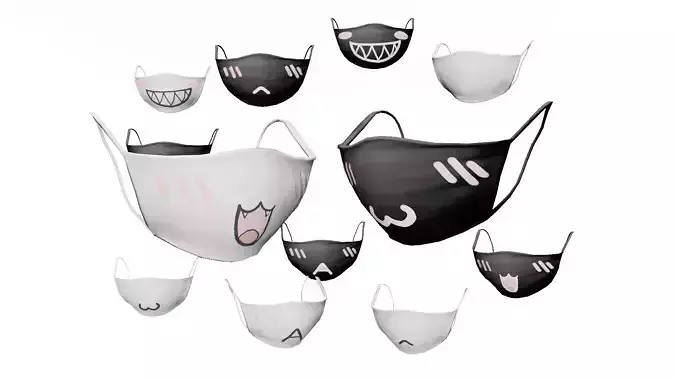 12 Cute Anime female Face masks collection 3D model