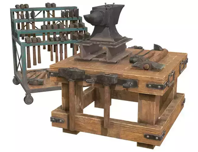 Anvil with Ironwork Tools and Rack 2 Low-poly 3D model