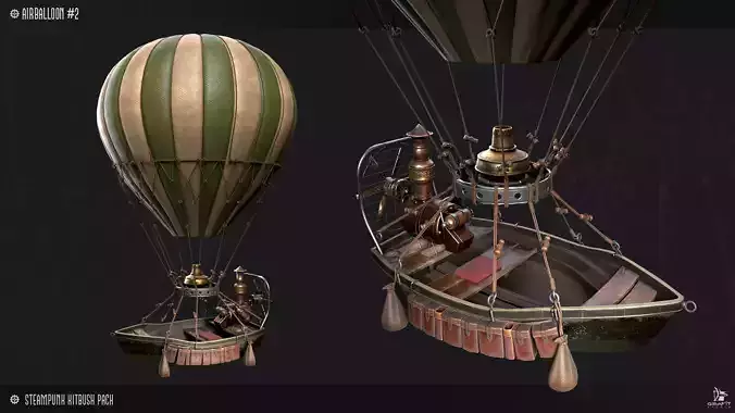 Steampunk Air Balloon Boat Model Game Ready Kitbash Textured Low-poly 3D model