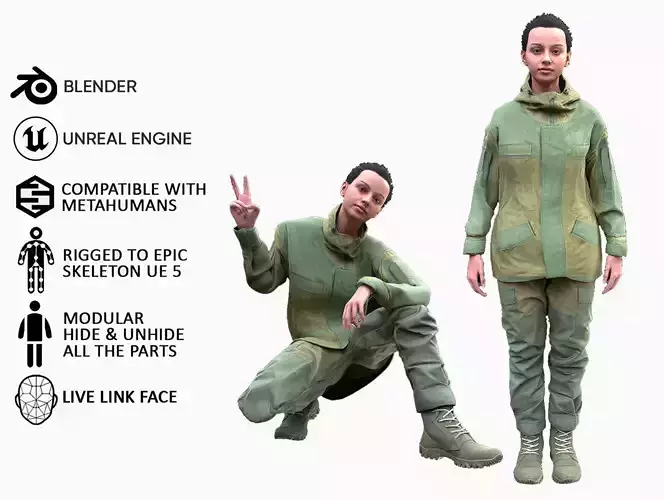 Woman Hunting Outfit - Modular - Rigged Low-poly 3D model