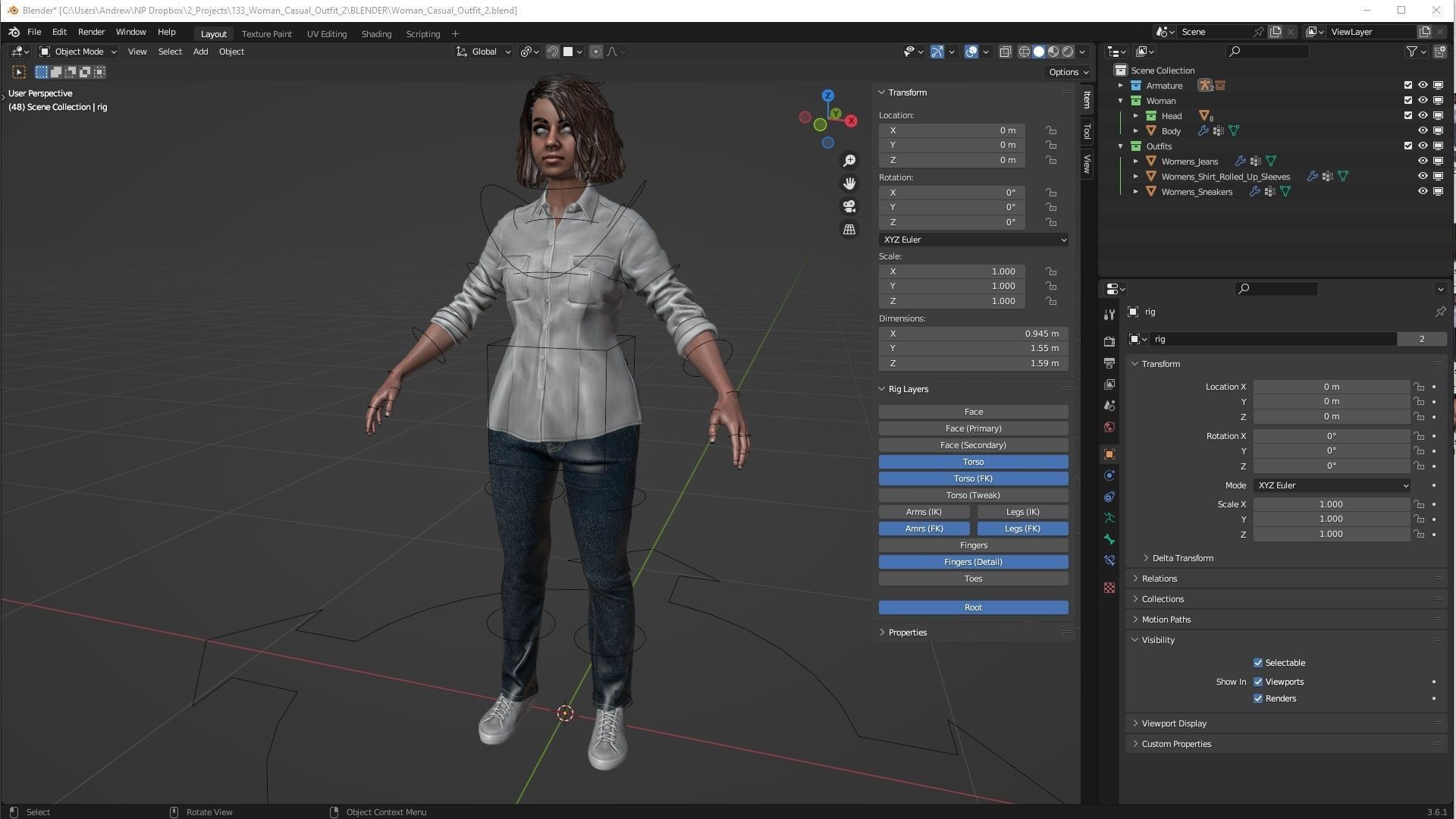 Woman Casual Outfit - Modular - Rigged Low-poly 3D model_6