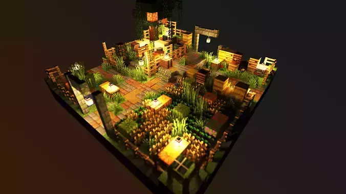 Magical Minecraft Crossroads with campfire and shelter Low-poly 3D model
