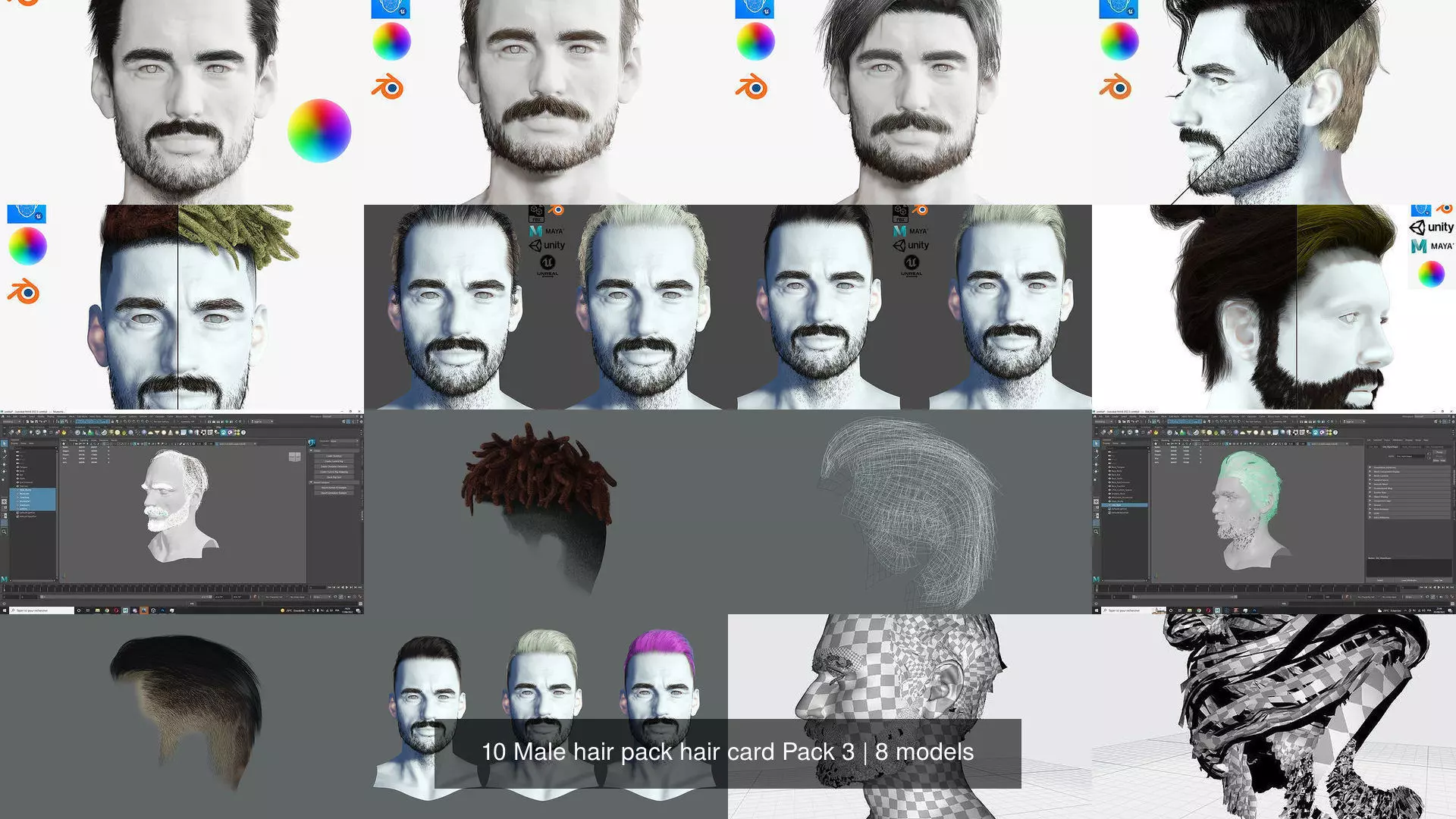 10 Male hair pack hair card Pack 3 3D Model Collection_0