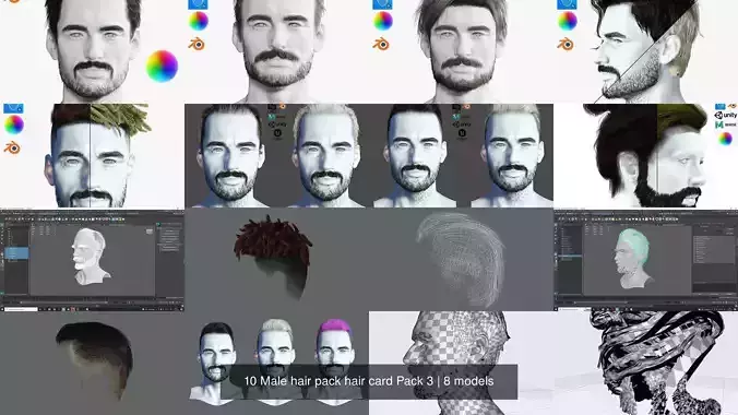 10 Male hair pack hair card Pack 3 3D Model Collection