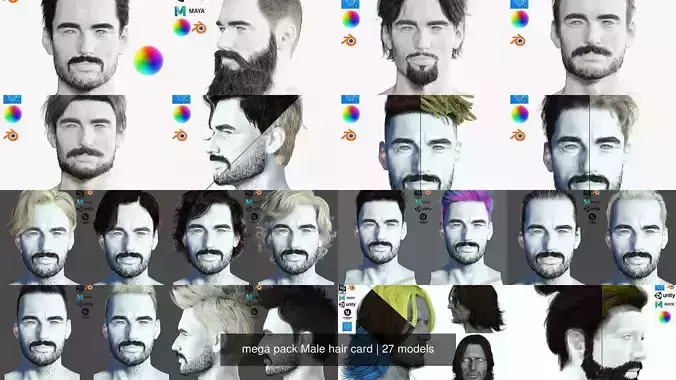  mega pack Male hair card 3D Model Collection