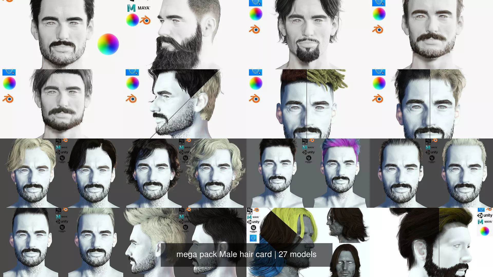  mega pack Male hair card 3D Model Collection_0