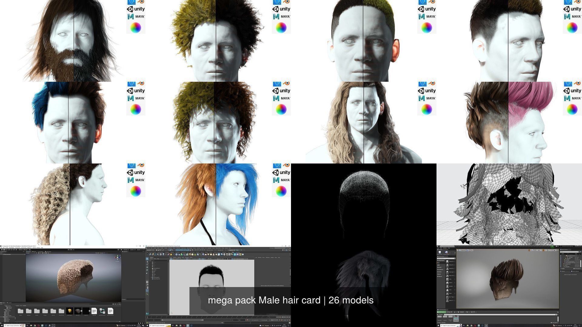  mega pack Male hair card 3D Model Collection_10