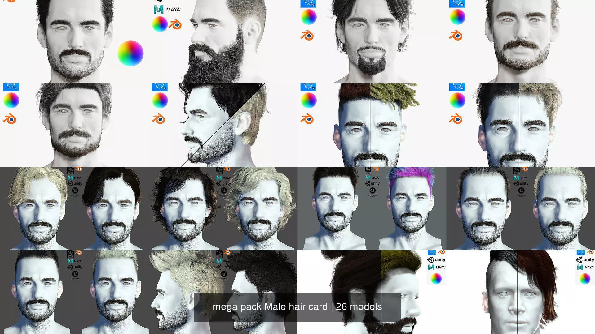  mega pack Male hair card 3D Model Collection_7